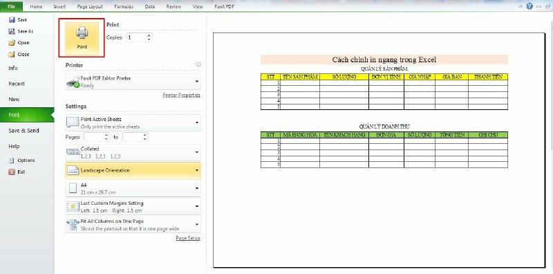 Bước 5: Sau khi thiết lập xong hãy bấm Print để in ngang nhiều sheet trong Excel.