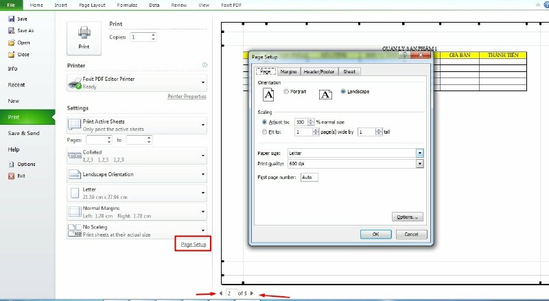 Bước 4: Tại đây bạn thực hiện chỉnh in từng sheet được chọn để in cùng lúc trong Excel bằng cách > Bấm đến sheet cần chỉnh ở mũi tên dưới phần Print Preview > Chọn vào Page Setup.
