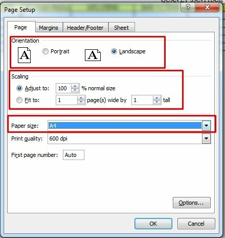 Tại tab Page thực hiện điều chỉnh khổ giấy in: