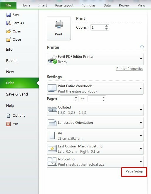Bước 2: Bấm vào File > chọn Print hoặc nhấn tổ hợp phím Ctrl +P để cài đặt file in > Trong mục Settings > Chọn Page Setup.