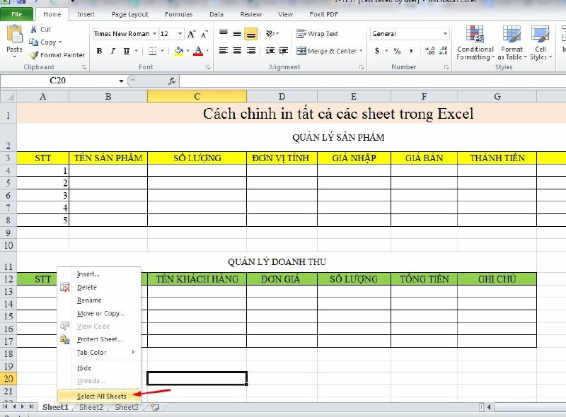 Cách 1: Nhấp chuột phải vào sheet đầu tiên > Chọn Select All Sheet > Sau khi chọn xong hãy nhấn tổ hợp phím Ctrl + P để mở lệnh in.
