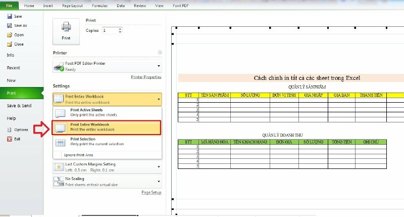 Cách 2: Hãy nhấn tổ hợp phím Ctrl + P để mở lệnh in > Trong phần Settings > Bấm vào Print Active Sheet trong hộp thoại xổ xuống chọn Print Entire Workbook để in tất cả các Sheet. 