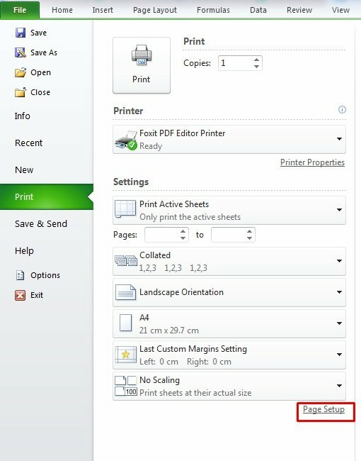 Vào tùy chọn File > Print hoặc nhấn tổ hợp phím Ctrl + P > Dưới phần Settings > Bấm vào Page Setup.