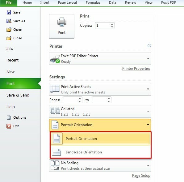 Chỉnh khổ giấy: Khổ giấy mặc định trong Excel là khổ dọc Portrait Orientation, để đổi thành khổ ngang hãy bấm vào Portrait Orientation và chọn Landscape Orientation.
