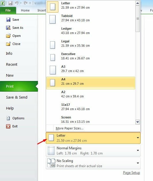 Chỉnh kích thước khổ giấy: Bấm vào Letter (21.59 x 27.94 cm) để chọn kích thước khổ giấy in, tại đây bạn có thể chọn khổ giấy in là khổ giấy A4 (21 x 29.7 cm),  A3 (29.7 x 42 cm), A2 (42 x 59.4 cm),...