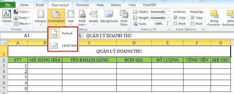 Để chỉnh khổ giấy ngang dọc hãy bấm vào Orientation: khổ giấy mặc định trong Excel là khổ dọc Portrait để chuyển sang khổ ngang hãy bấm vào chọn Landscape. 