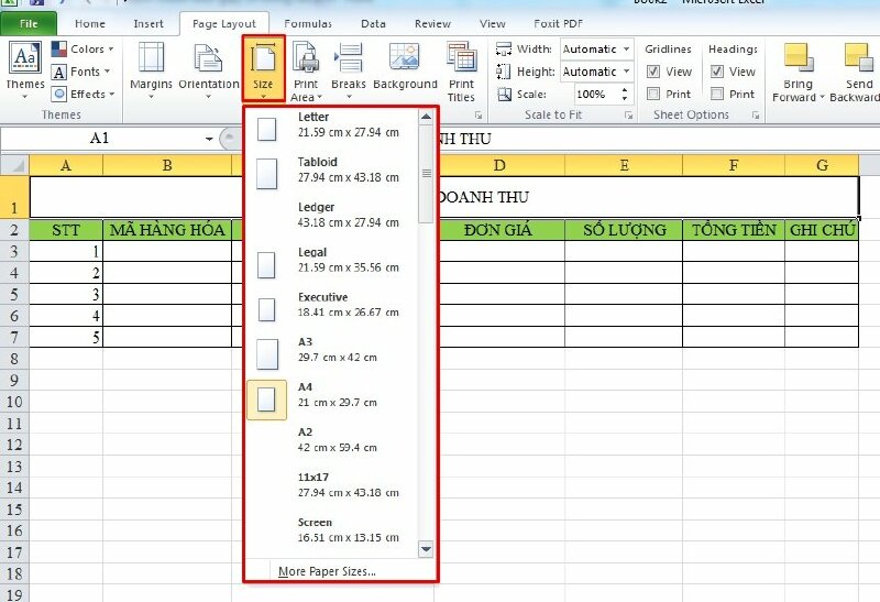 Bấm vào Size để điều chỉnh kích thước khổ giấy in, tại đây bạn có thể chọn khổ giấy in là khổ giấy A4 (21 x 29.7 cm),  A3 (29.7 x 42 cm), A2 (42 x 59.4 cm),...