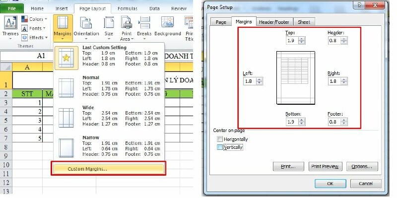 Để căn lề in hãy bấm vào Normal Margins > Chọn Custom Margins...  Khi cửa sổ Page Setup xuất hiện bạn nhập giá trị cho lề trên, lề dưới, lề trái và lề phải theo ý của mình.