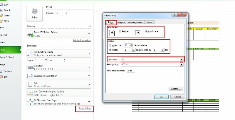Bước 4: Khi cửa sổ Page Setup xuất hiện bạn có thể tùy chỉnh các kích thước trang in trong Excel như sau: