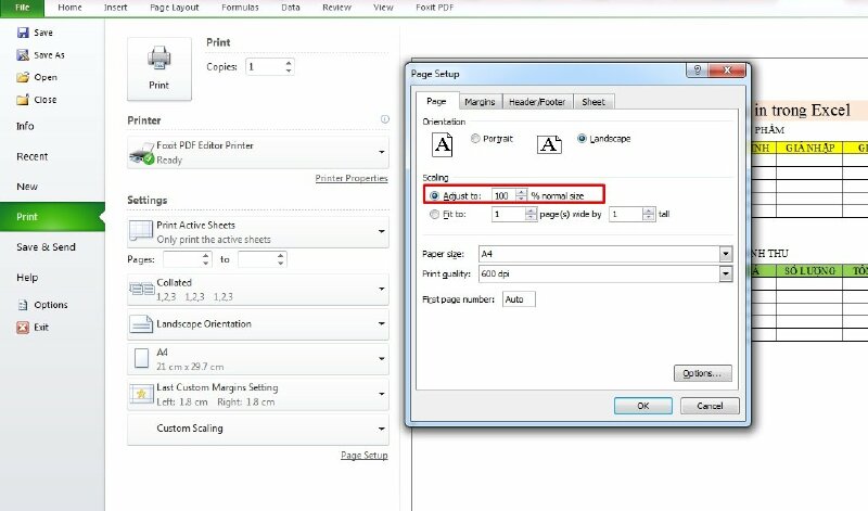 Bước 4: Khi cửa sổ Page Setup xuất hiện, tại tab Page trong mục Scaling > Điều chỉnh kích thước trang in tại Adjust to... normal size lên 100% hoặc tăng lên 110%, 120%,.. sao cho phù hợp và trang tính không bị tràn sang trang 2 là được > Sau đó nhấn OK để lưu lại.