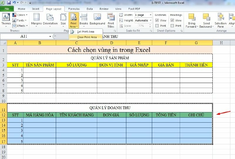 Thêm 1 vùng in mới không nằm cạnh vùng in cũ