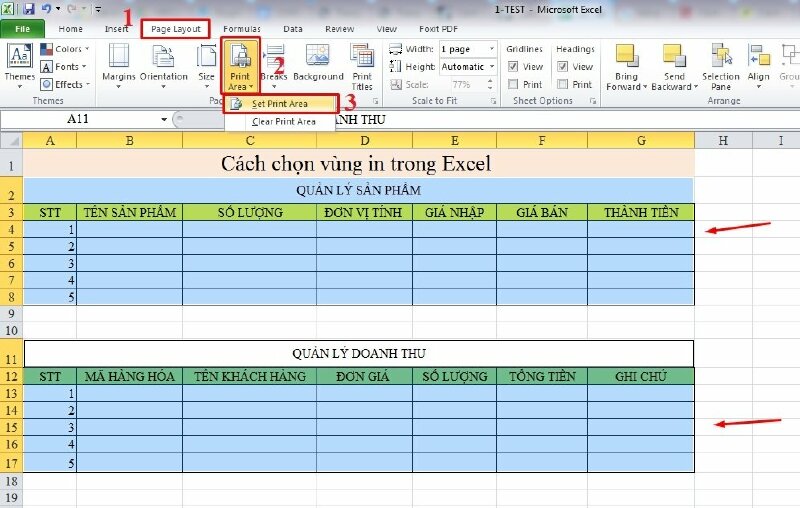 Bước 3: Sau khi chọn xong các vùng in hãy chọn vào thanh Ribbon, chọn tab Page Layout (Bố trí trang). Trong tab Page Layout, bạn sẽ thấy một tùy chọn gọi là Print Area (Vùng In) trong nhóm Page Setup (Thiết lập trang).