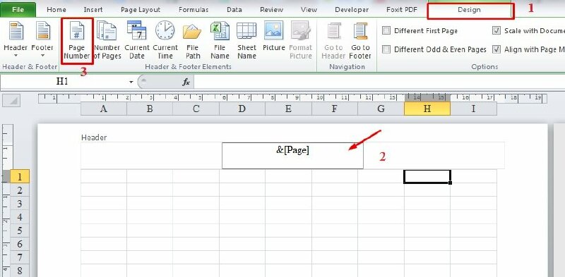 Bước 4: Chọn tab Design > Tại đây hãy đặt con trỏ chuột vào vị trí muốn đánh số trang gồm bên trái, ở giữa và bên phải giấy > Và bấm chọn Page Number > Khi trong ô xuất hiện nội dung &[Page] là bạn đã hoàn thành đánh số trang in Excel  bằng chọn chế độ xem Page Layout.