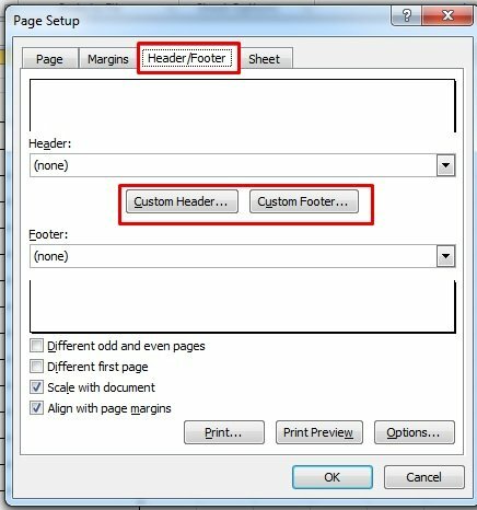 Bước 3: Khi cửa sổ Page Setup hiện ra > Bấm qua tab Header/Footer > Bấm chọn Custom Header nếu muốn đánh số đầu trang hoặc chọn Custom Footer nếu muốn đánh số cuối trang.
