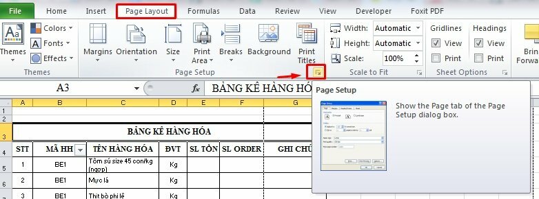 Bước 2: Chọn tab Page Layout > Bấm vào biểu tượng mũi tên nhỏ ở Page Setup.