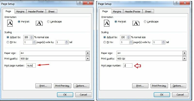 Bước 3: Khi cửa sổ Page Setup hiện ra > Bấm vào tab Page > Tại First Page Number hãy xóa chữ Auto và điền vào số trang muốn bắt đầu đánh số. 