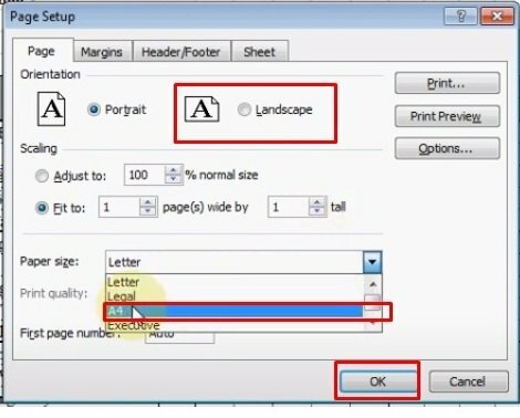 Bước 3: Khi cửa sổ Page Setup hiện ra, tại mục Paper size hãy chọn khổ giấy A4. Tại mục Orientation > Chọn Landscape để xoay trang giấy Excel từ hướng đứng thành hướng ngang. Để in Excel vừa trang giấy A4 ngang tại phần Scaling, chọn Fit to 1 page(s), trang in của bạn sẽ vừa khít giấy A4.