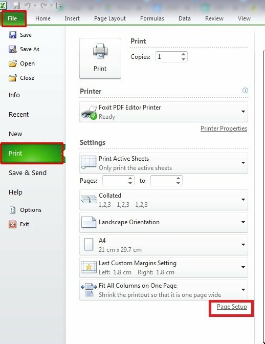 Bước 2: Bấm vào bhoặc nhấn tổ hợp phím Ctrl +P để cài đặt file in > Trong mục Settings > Chọn Page Setup.