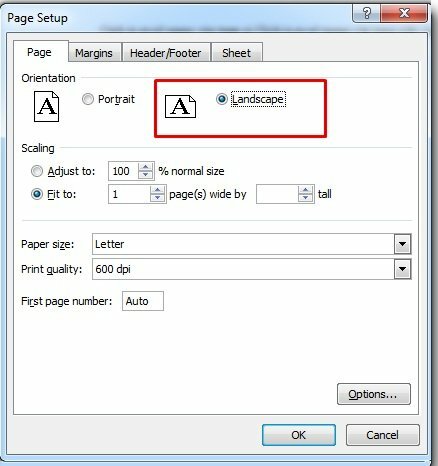 Bước 3: Tại mục Orientation chọn Landscape để in giấy A4 nằm ngang.