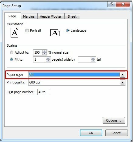 Bước 4: Tại mục Paper size bấm mũi tên xổ xuống và chọn khổ giấy A4 để thiết lập in file Excel trên khổ giấy A4.
