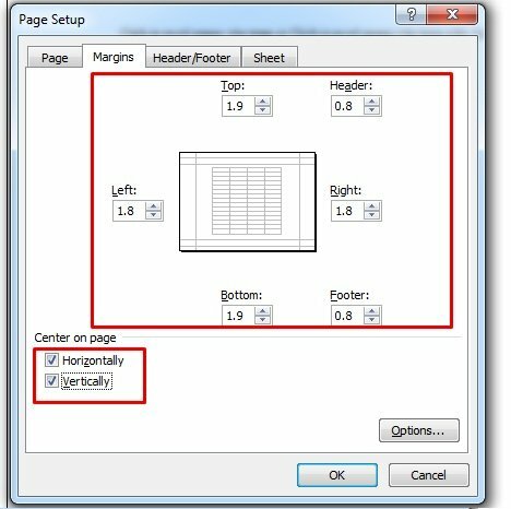 Bước 6: Bạn có thể căn chỉnh lề trang in theo mong muốn ngay trong tab Margins. Để đưa nội dung vào giữa trang hãy chọn Horizontally và Vertically ở mục Center on page. 