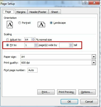 Để in Excel vừa khổ giấy A4 tại mục Scaling hãy bấm chọn ô Fit to để Excel tự động căn chỉnh kích thước của bảng tính vừa với chiều rộng của giấy.