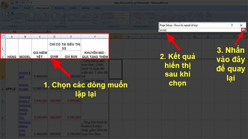 Bước 4: Chọn dòng hoặc cột bạn muốn lặp lại > Khi đã chọn xong hãy nhấn vào dấu mũi tên hướng xuống để quay lại.