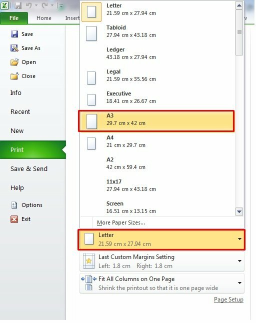 Bước 3: Trong mục Settings, ở Letter (21.59 cm x 27.94 cm) bấm mũi tên xổ xuống và chọn khổ giấy A3 (29.7 cm x 42 cm).