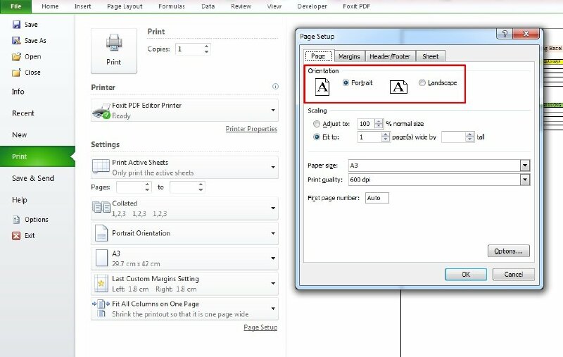 Tại mục Orientation: Chọn Landscape để in ngang hoặc chọn Portrait để in dọc khổ giấy A3 trong Excel.