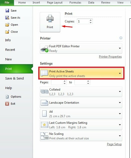 Bước 3: Trong phần Settings > Bấm chọn Print Active Sheet để in các Sheet được chọn trong file Excel.