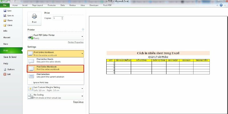 Bước 3: Trong phần Settings > Bấm vào Print Active Sheet trong hộp thoại xổ xuống chọn Print Entire Workbook để chọn in tất cả các Sheet trong file Excel.