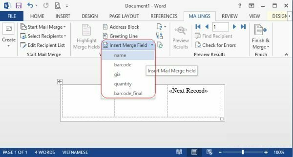 Để điều chỉnh các thông tin cần in trên tem nhãn hãy bấm chọn Insert Merge Field > Nhấn chọn từng trường thông tin theo từng vị trí mong muốn. Bạn nên chỉnh sửa Fonts hợp lý cho các trường dữ liệu. Như trường name - Fonts chữ tùy ý, trường barcode - Fonts mã vạch,…