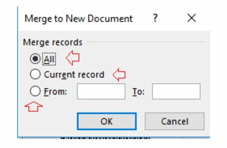 Hãy bấm Finish & Merge Finish > Khi cửa sổ Merge to New Documet hiện lên bạn hãy chọn 1 trong 3 tùy chọn sau: