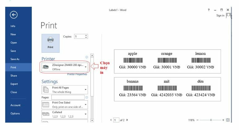 Sau khi hoàn thành xong thiết kế tem nhãn hãy nhấn tổ hợp phím Ctrl + P để mở hộp lệnh in > Chọn thiết bị máy in đã kết nối > Nhấn Print để bắt đầu quá trình in ấn.