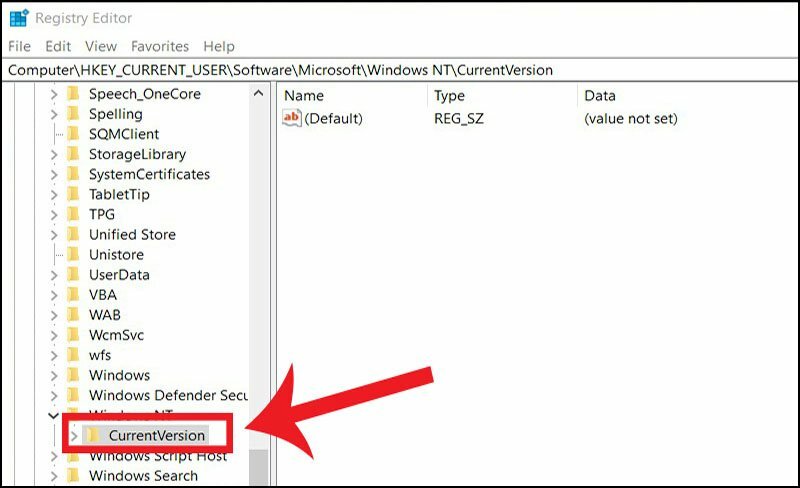 Bước 2: Trong cửa sổ Registry Editor, bạn cần điều hướng theo dãy thư mục sau: HKEY_CURRENT_USER > Software > Mở Microsoft > Windows NT > CurrentVersion.