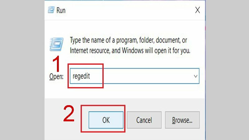 Bước 1: Nhấn tổ hợp phím Windows + R để mở cửa sổ Run > Trong ô Open, nhập regedit và nhấn OK.