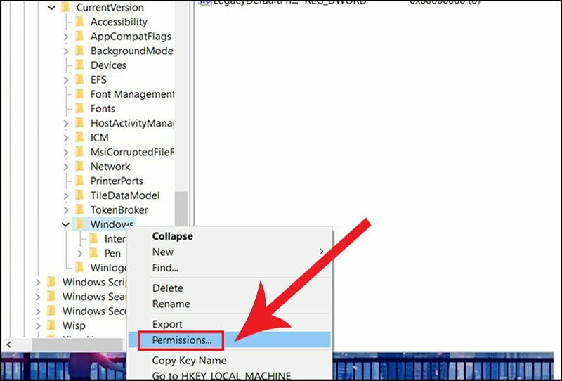 Bước 3: Tìm và nhấp chuột phải vào mục Windows > Chọn Permissions....
