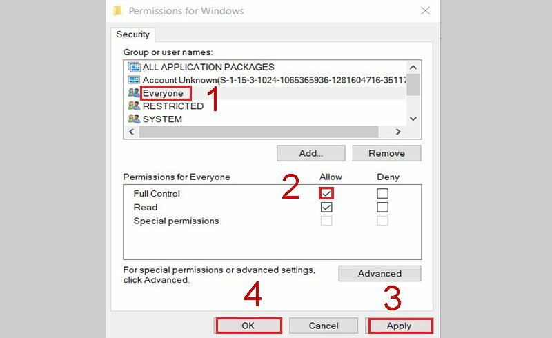 Bước 5: Click chọn mục Everyone đã được thêm vào > Tại mục Full Control, tick chọn Allow > Chọn Apply > Chọn OK.