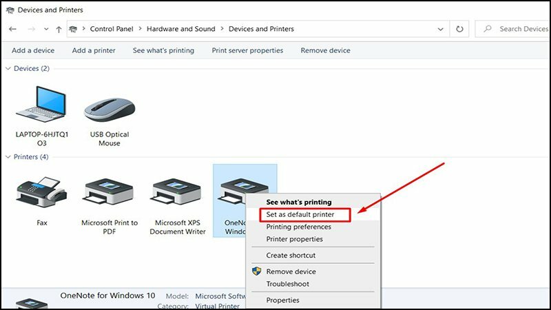 Bước 3: Dưới danh sách các thiết bị và máy in, tìm máy in mà bạn muốn đặt làm mặc định. Nhấp chuột phải vào máy in đó và từ menu xuất hiện, chọn Set as default printer.