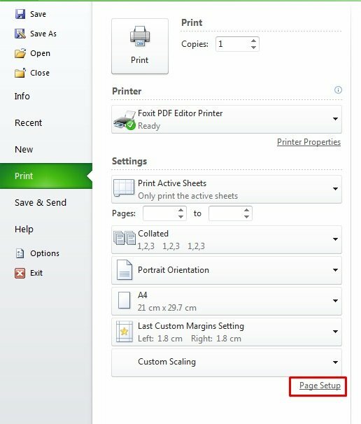 Bước 4: Để thiết lập trang in không bị nhảy trang bạn có thể thử điều chỉnh bằng cách chọn Page Setup trong mục Settings