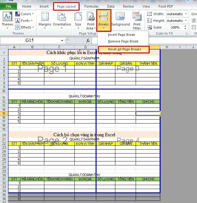 Hoặc bạn có thể loại bỏ tất cả các ngắt trang bằng cách: Bấm vào tab Page Layout > Bấm mũi tên nhỏ bên dưới Breaks > Chọn Reset All Page Breaks.