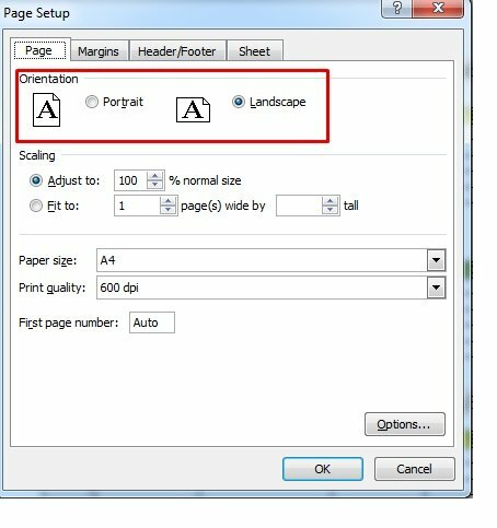 Tại mục Orientation: Chọn Landscape để in ngang đối với những trang tính có nhiều cột hoặc chọn Portrait để in dọc đối với các trang tính có nhiều dòng. Việc lựa chọn phù hợp sẽ không bị lỗi  in Excel bị nhảy trang.