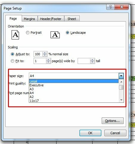Tại mục Paper size: bấm mũi tên xổ xuống và chọn khổ giấy in phù hợp, thường là khổ giấy A4.