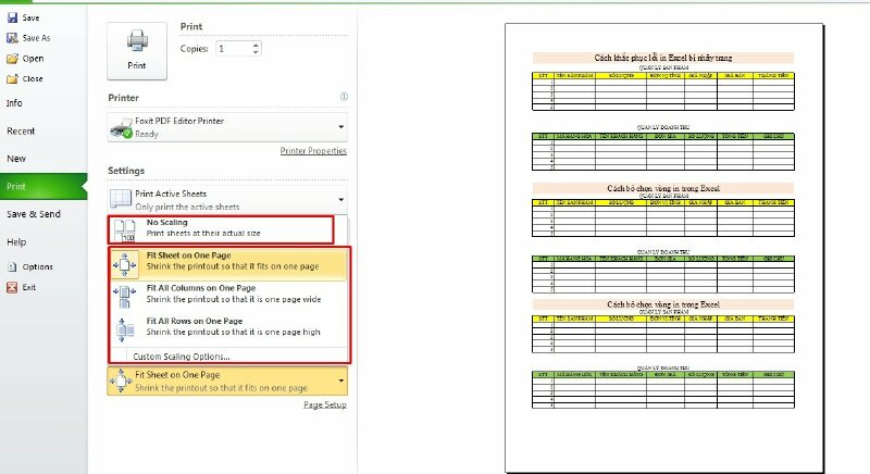 Bước 2: Trong phần Setting hãy bấm vào No Scaling bấm mũi tên xổ xuống và chọn Fit Sheet on One Page, Fit All Columns in One Page hoặc Fit All Rows for One Page để Excel căn chỉnh các cột hoặc hàng vào vừa khít một trang giấy, như vậy khi in sẽ không bị nhảy trang.
