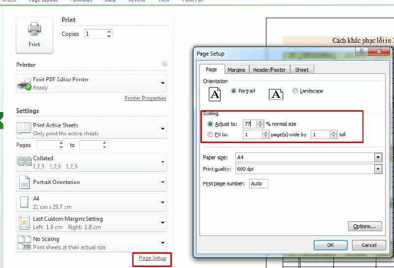 Hoặc bạn có thể thu nhỏ nội dung trang in bằng cách bấm vào Page Setup > Chọn tab Margins > Tại Scaling hãy chọn một trong 2 tùy chọn sau: