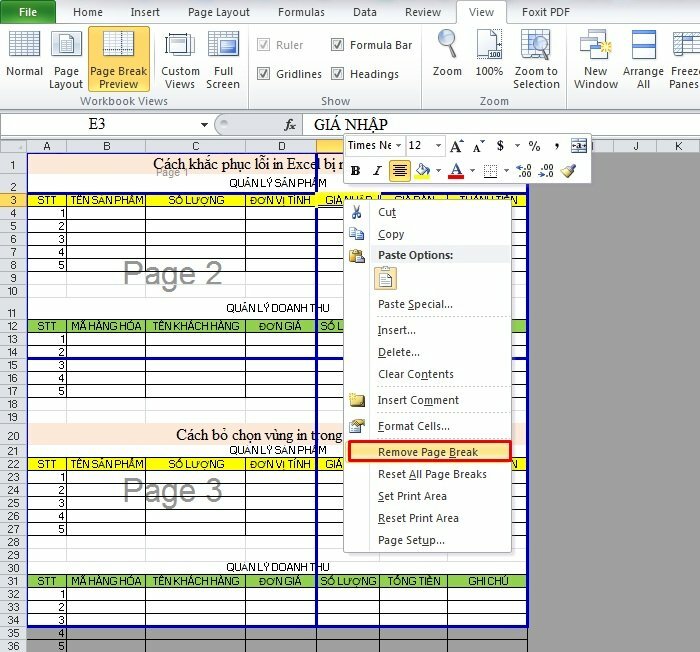 Bước 3: Để xóa ngắt trang dọc, chọn cột bên phải vị trí bạn muốn ngắt trang. Sau đó kích chuột phải vào nó và chọn Remove Page Break.