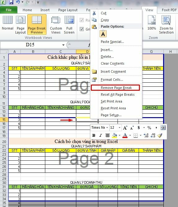 Để xóa ngắt trang ngang, hãy chọn hàng bên dưới vị trí bạn muốn ngắt trang ngang. Sau đó kích chuột phải vào nó và chọn Remove Page Break.