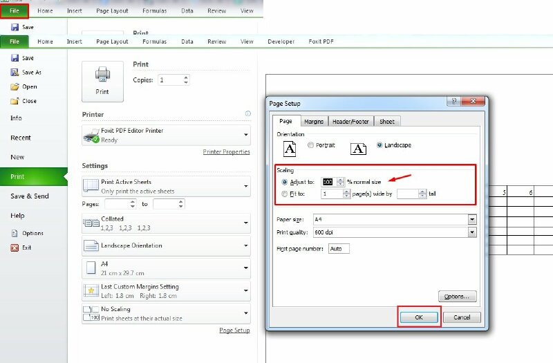 Bước 3: Trong mục Settings > Chọn Page Setup > Khi cửa sổ Page Setup hiện ra, tại tab Page bạn hãy kiểm tra tại mục Adjust to... normal size có được đặt là 100% không. Nếu tỷ lệ in quá nhỏ, hãy thay đổi nó thành 100% hoặc thử các tỷ lệ in khác để tìm tỷ lệ phù hợp với kích thước giấy và nội dung của bạn  > Nhấn OK để lưu lại.
