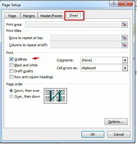 Bước 3: Khi cửa sổ Page Setup xuất hiện > Hãy bấm chọn thẻ sheet > Tích chọn Gridlines ở mục Print > Nhấn OK để hoàn thành.
