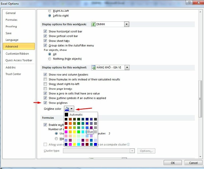 Bước 3: Tiếp đến hãy tích chọn vào Show gridlines > Chọn màu đường lưới tại mục Gridline Color > Xong hãy nhấn OK để lưu lại.